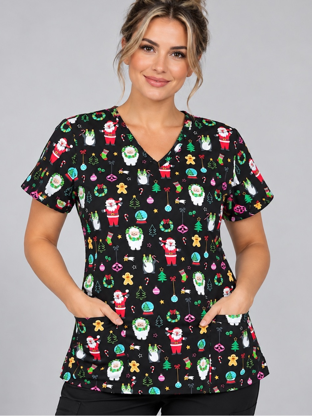 Women’s Medium Scrubstar Christmas Print Scrub Top